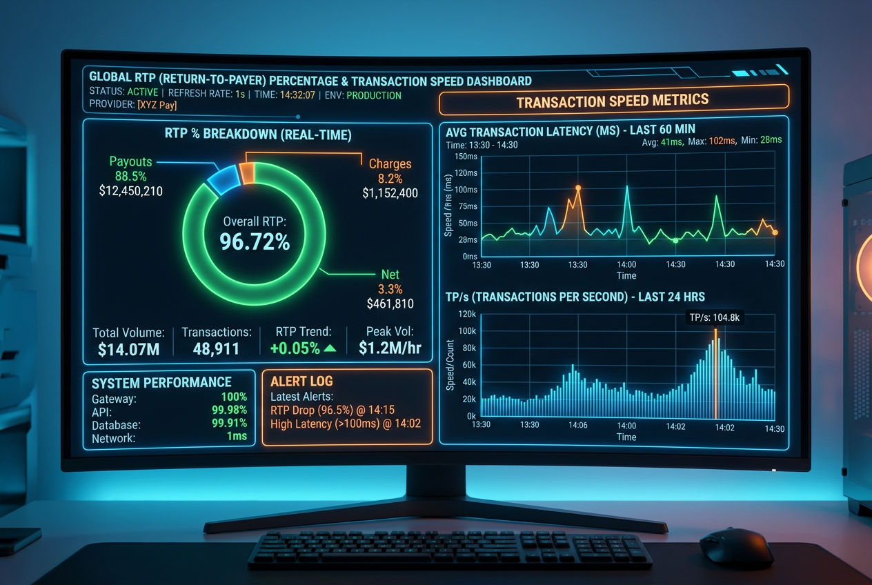 Digitální dashboard zobrazující statistiky RTP v reálném čase a grafy rychlosti transakcí.
