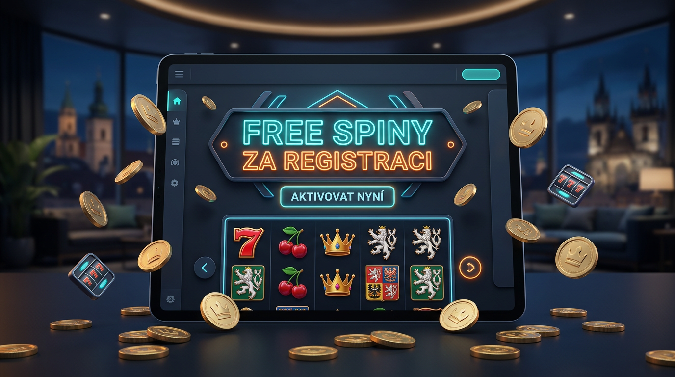 Moderní online kasino rozhraní s neonovým nápisem Free Spins a herními symboly