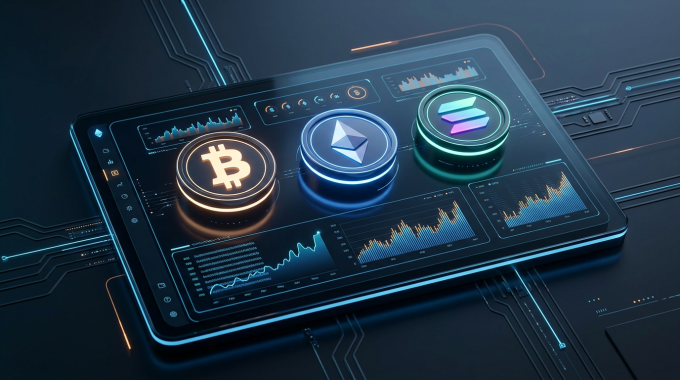 Futuristické rozhraní krypto kasina s digitálními měnami a analýzou dat