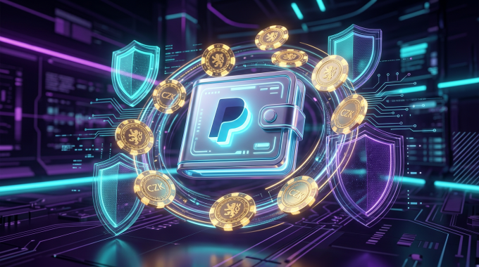 Digitální ilustrace PayPal casina s bezpečnostními prvky a žetony v roce 2026