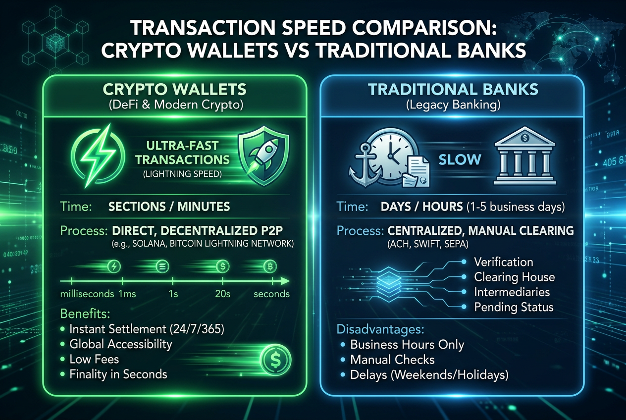 Infografika rychlosti výplat v roce 2026 ukazující porovnání bankovních převodů vs krypto transakce